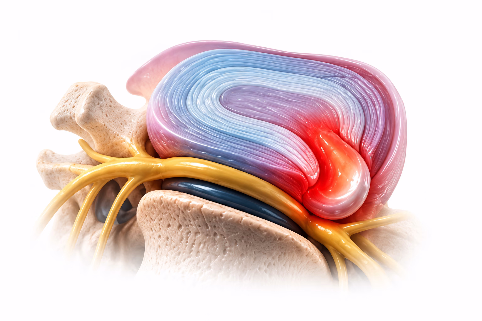 Ilustración de un disco lumbar en corte con hernia y estructuras nerviosas adyacentes
